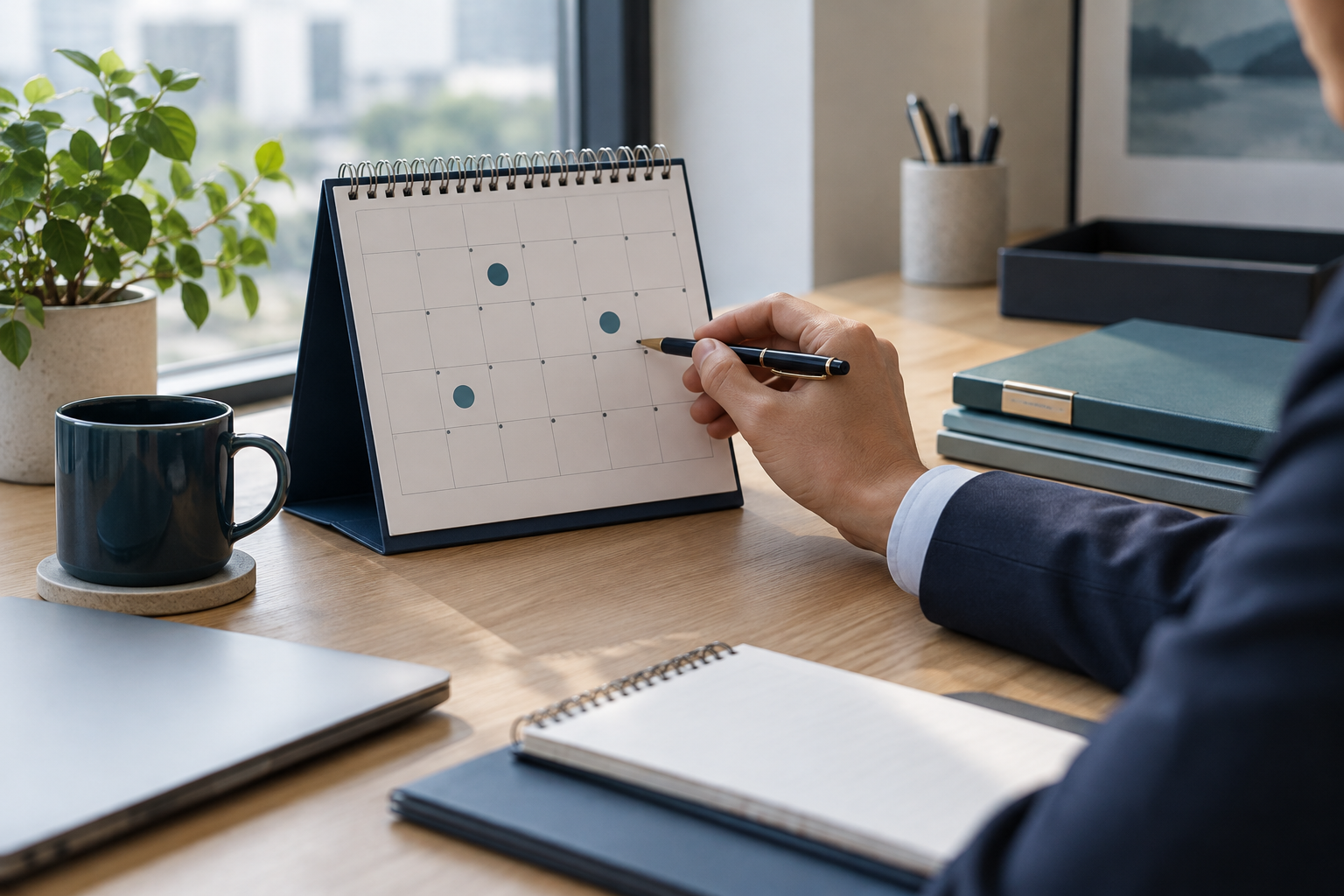 A marked calendar and organised filing documents