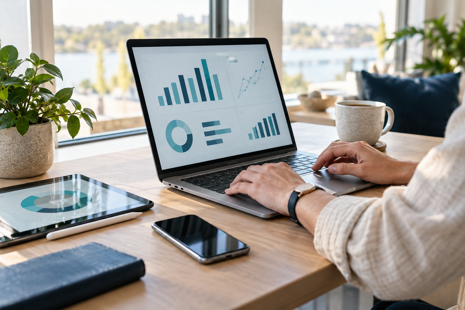Paperless accounting workspace with a laptop, tablet and digital financial charts